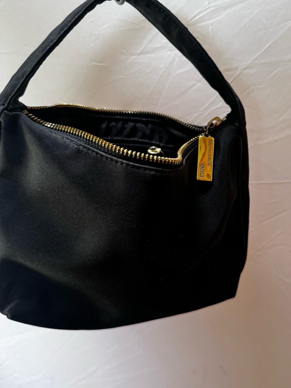 Ralph Lauren Y2K Nylon Mini Hobo Shoulder Bag Black Gold Hardware Zip Minimalist - Picture 5 of 16
